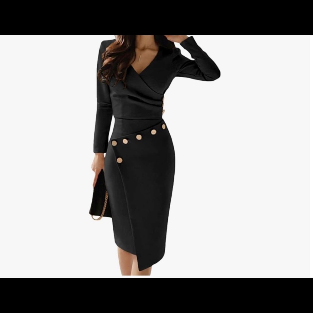 New: Women’s XXL Black, Long-Sleeve V-Neck A-Line Wrap  Dress w/ Gold Button